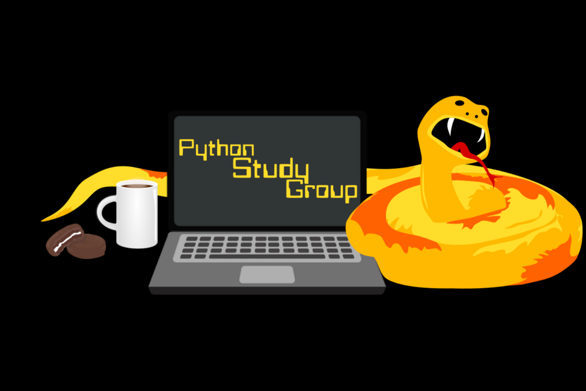 A python snake is eating snacks and drinking coffee next to a computer which print Python Study Group onto its screen.